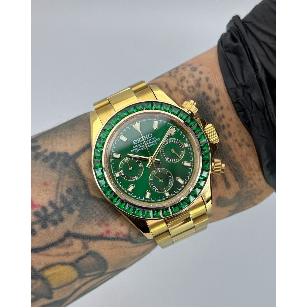Custom Seiko Mod • Green Emerald Diamond John Mayer Daytona Quartz Chronograph • 39.5mm